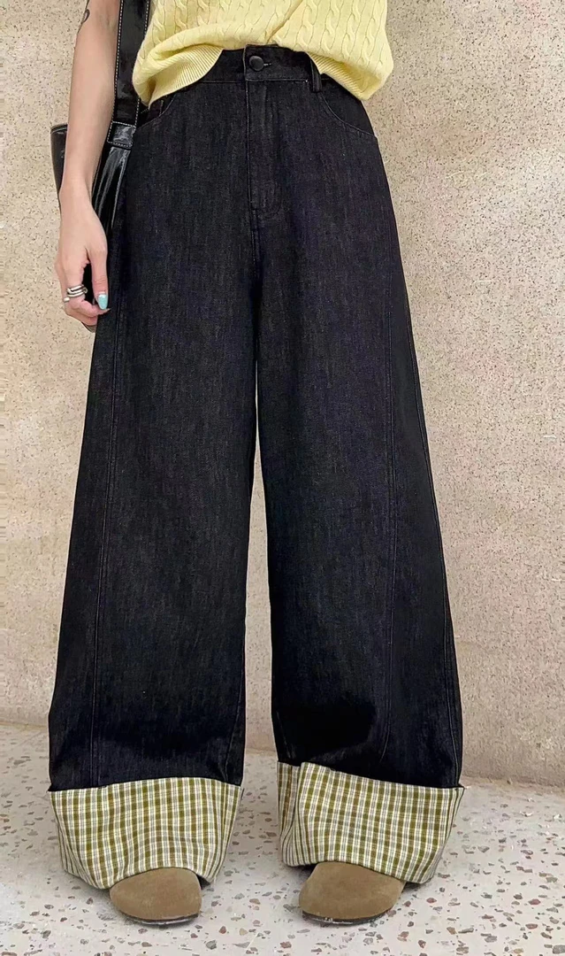 有货十三行X2#68655秋季福利拼接卷裤脚阔腿牛仔裤，裤长：105cm