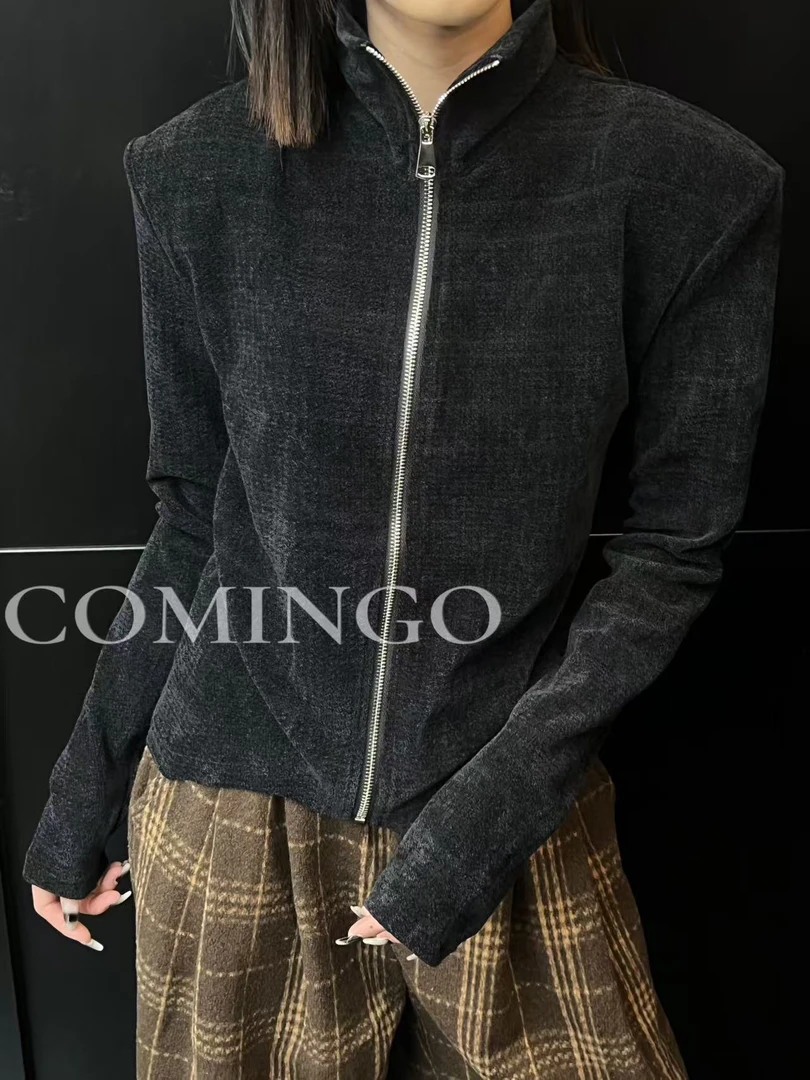 有货小木南#30665冬季新款垫肩绒面拉链修身外套，衣长：50cm