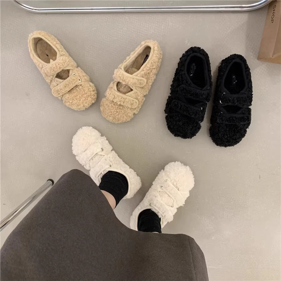 啄木鸟毛毛鞋女士冬外穿2024新款百搭加绒保暖一脚蹬魔术贴豆豆鞋