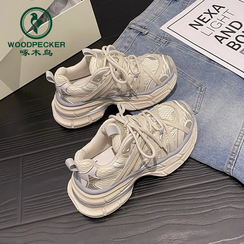 啄木鸟厚底老爹鞋学生百搭秋季新款网面透气鞋子小个子增高运动鞋