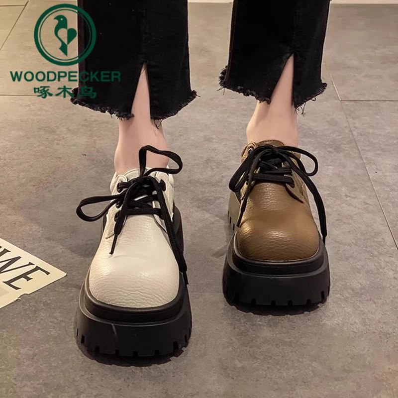 啄木鸟欧美风系带大头小皮鞋女黑色秋季新款厚底乐福鞋英伦风单鞋