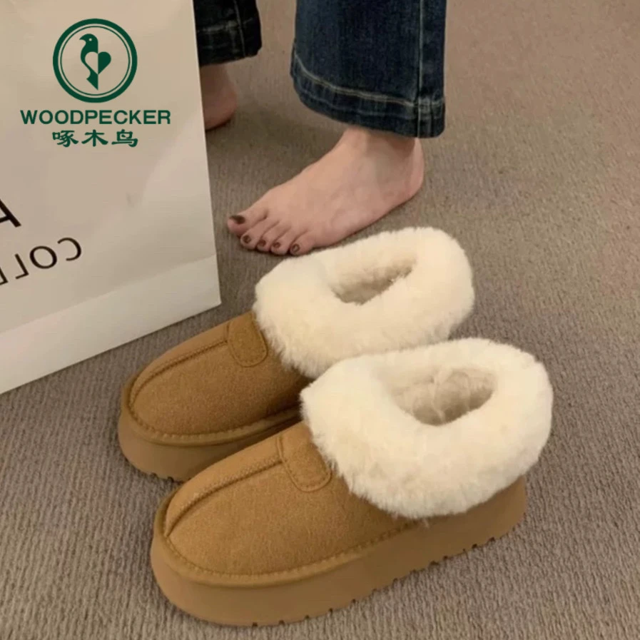 啄木鸟厚底雪地靴女2024冬季新款加绒加厚东北大棉鞋一脚蹬毛毛鞋