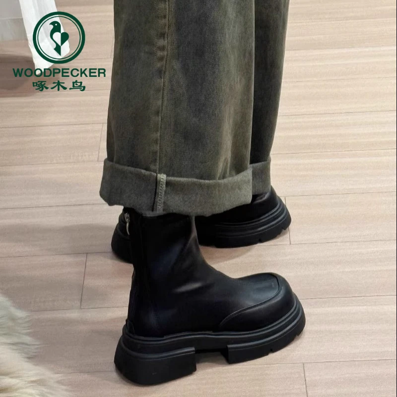 啄木鸟厚底黑色马丁靴女2025新款春季单靴切尔西瘦瘦靴秋季短靴子