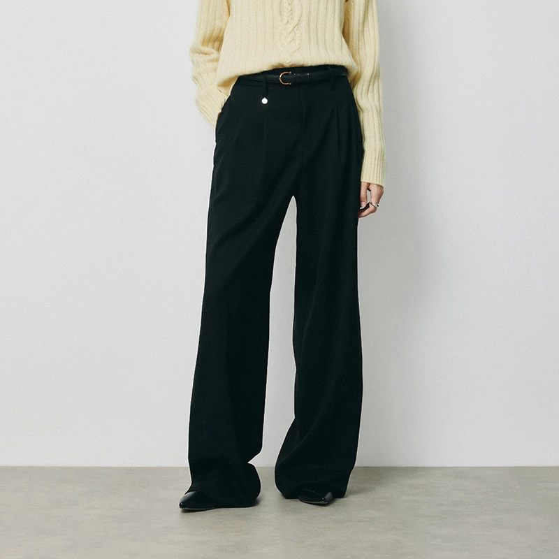 羊织道苔原 绵羊毛阔腿西装长裤2024冬新款设计感高腰黑色裤子女