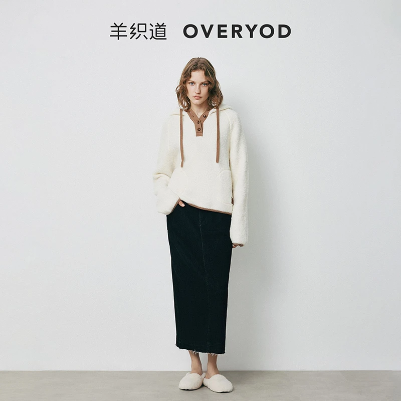 羊织道可可 绵羊毛连帽肌理感长袖针织衫 2024秋新款毛衣套头衫女