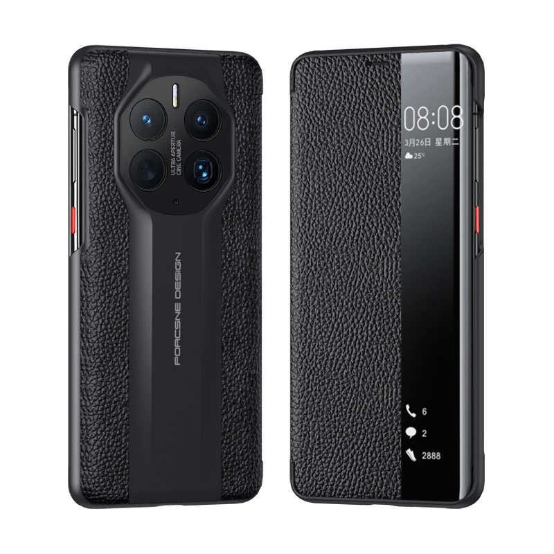 适用华为Mate50Pro手机壳Mate50E真皮超薄智能视窗秒变保时捷皮套