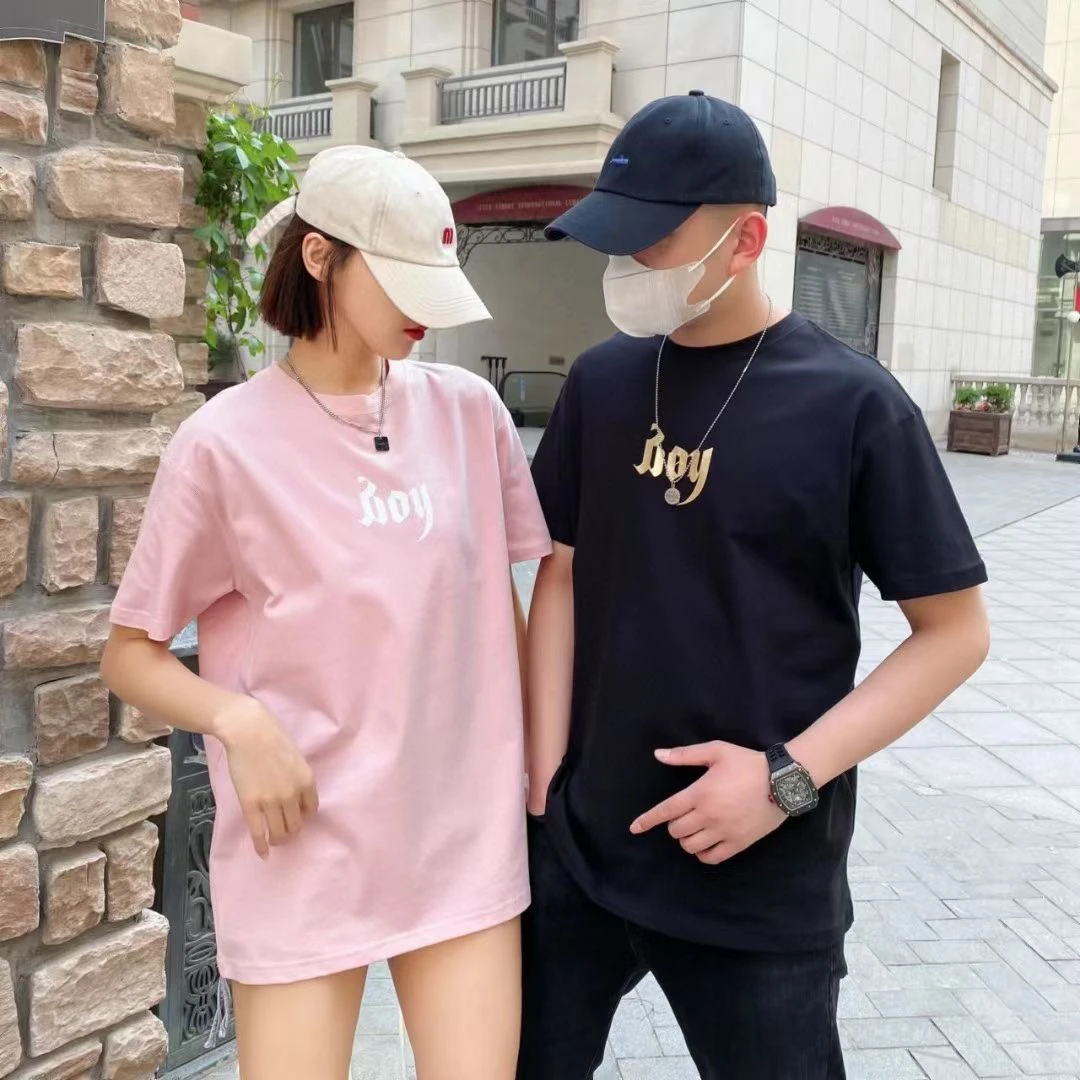 清货！夏装新款高克重重磅棉情侣体恤-粉黑款