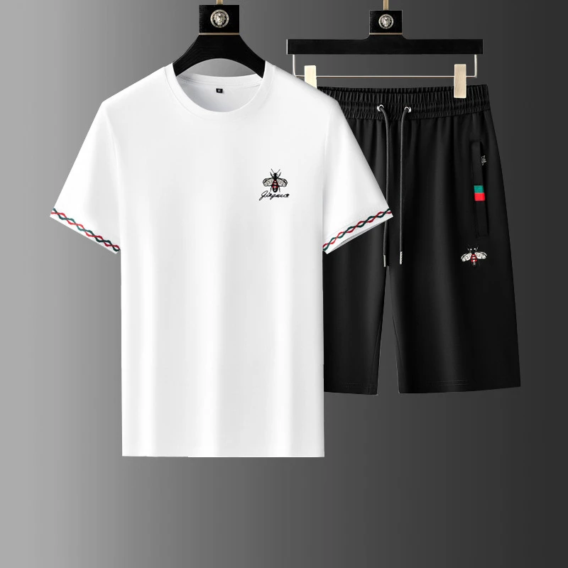 冰丝速干短裤套装男款夏季新品刺绣蜜蜂半袖t恤男装运动休闲两件