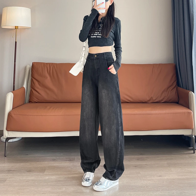 G9901新款弯刀裤女复古怀旧黑灰色设计感宽松阔腿拖地牛仔长裤