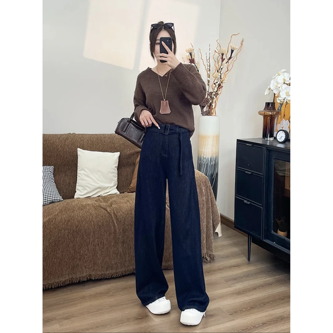 实拍1830秋冬新款丹宁色水洗牛仔裤阔腿裤时尚百搭显高显瘦显腿长