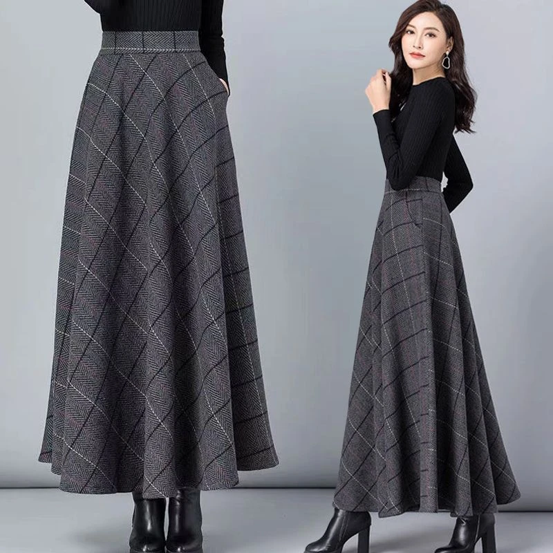 2025秋冬毛呢格子半身裙女百搭高腰A字裙中长款加厚显瘦大码长裙