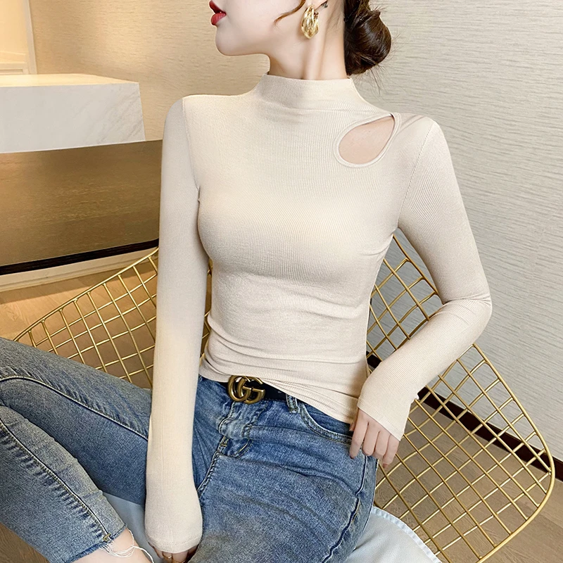2023打底半高领螺纹镂空长袖打底衫女内搭高档修身洋气可外穿上衣