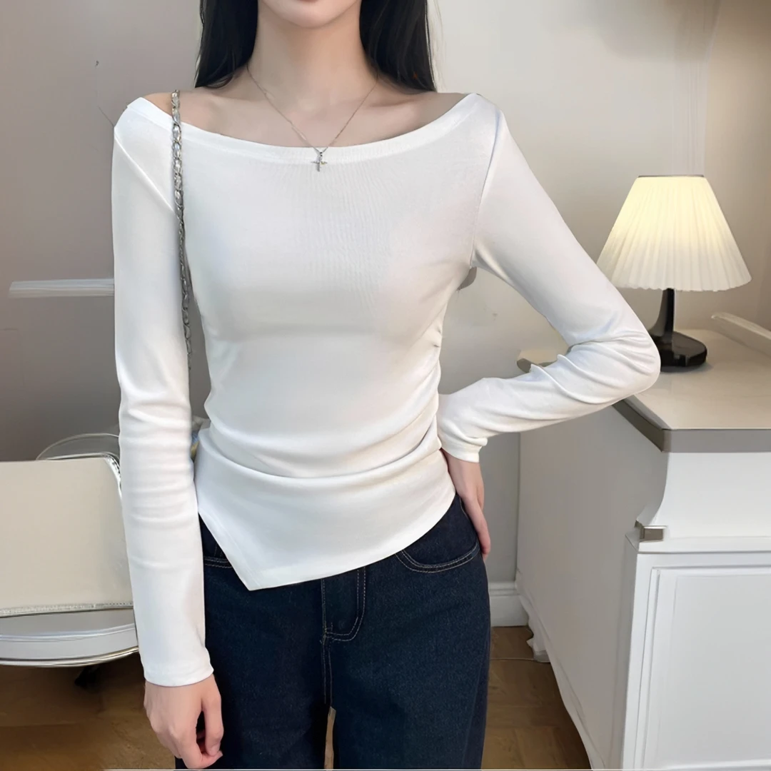 早秋白色一字肩打底衫女显瘦修身长袖洋气小众百搭设计感T恤上衣