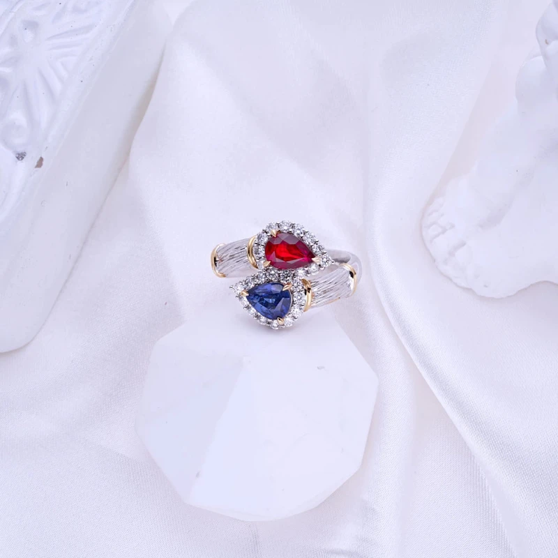 水滴蓝宝石红宝石钻石18K双色金双石戒指-R1.01ct-s0.91ct-d0.54c
