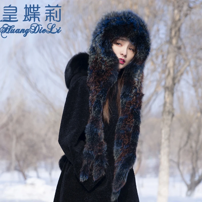 韩版编织狐狸毛风雪帽 围巾帽子一体冬季保暖抗寒加厚围巾帽