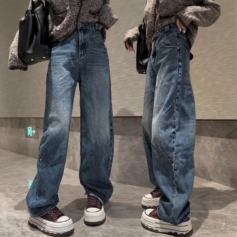 2025春季新款大码高腰窄版阔腿牛仔裤梨形身材显瘦宽松弯刀直筒裤