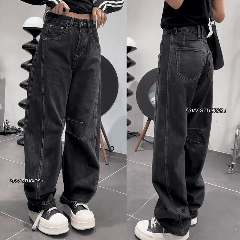 2025春新款大码女装设计感弯刀阔腿牛仔裤梨形身材显瘦宽松拖地裤