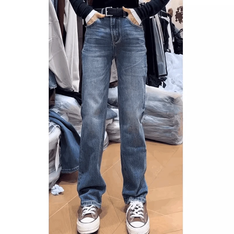 2024秋冬款大码女装高腰复古修身牛仔裤梨形身材显瘦百搭直筒长裤