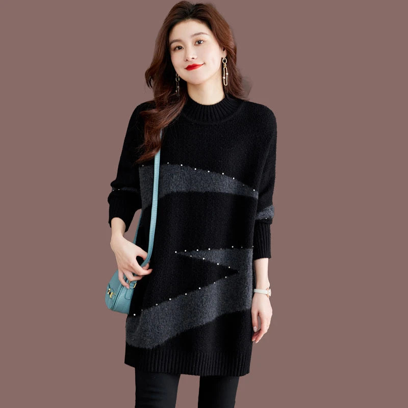 冬季新款胖MM中长款慵懒风遮肚毛衣女装宽松半高领打底衫针织上衣