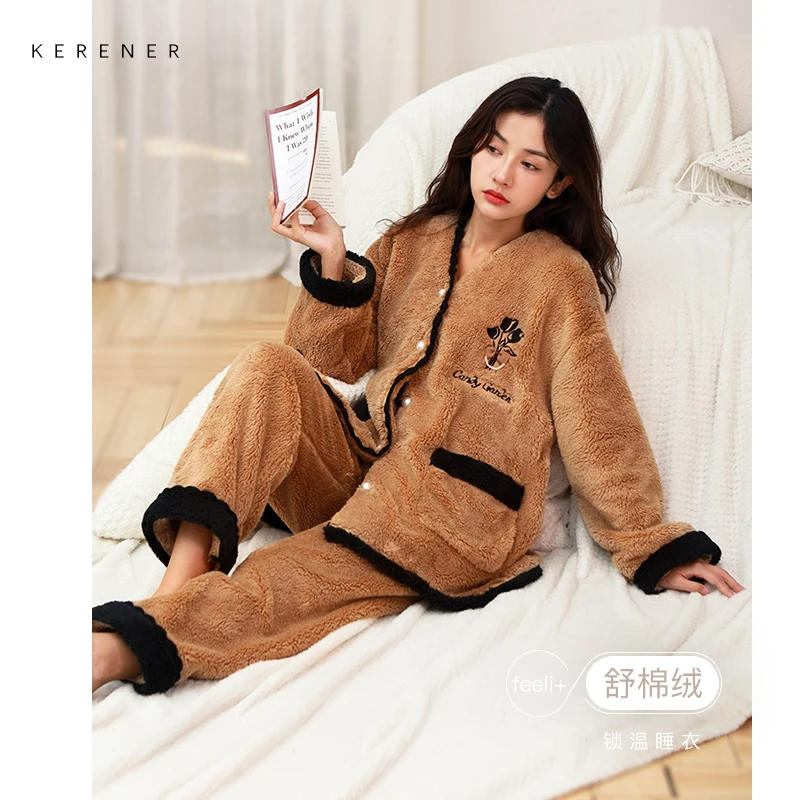 可人儿冬季保暖舒棉绒睡衣女休闲甜美玫瑰加厚珊瑚绒家居服套装