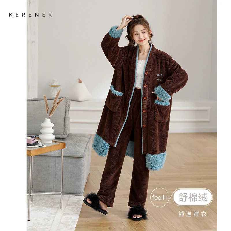 可人儿【舒棉绒】冬款睡衣女珊瑚绒保暖中长款宽松秋冬季家居服套装
