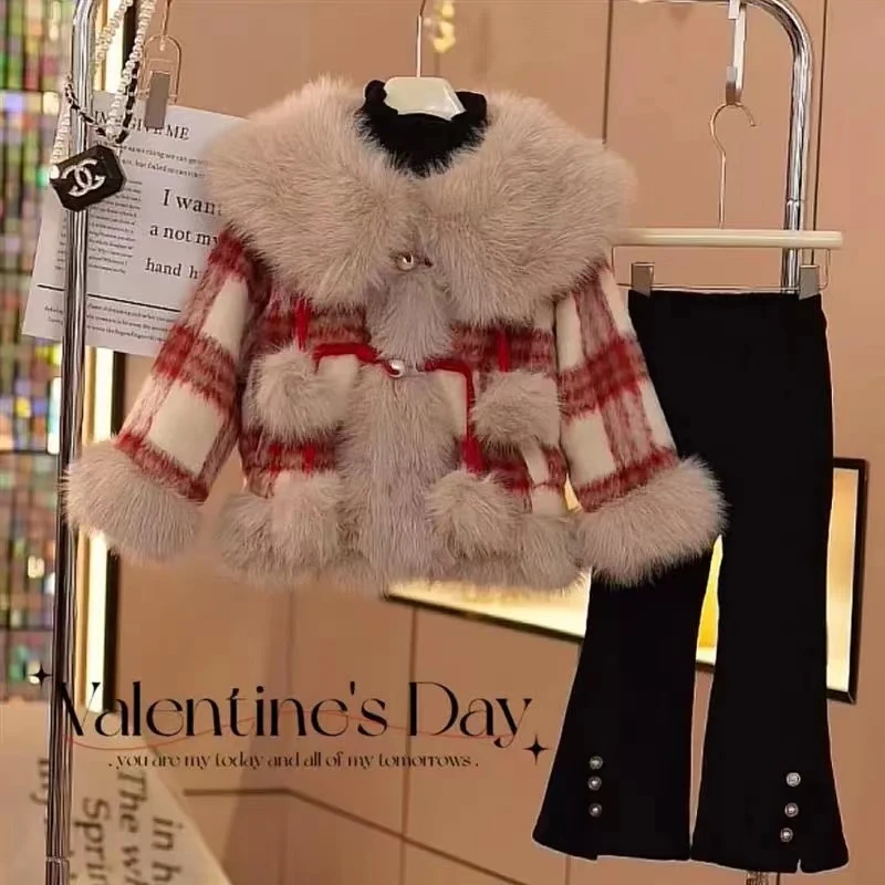 女童秋冬洋气时尚复古风大毛领加毛加厚毛尼大衣外套