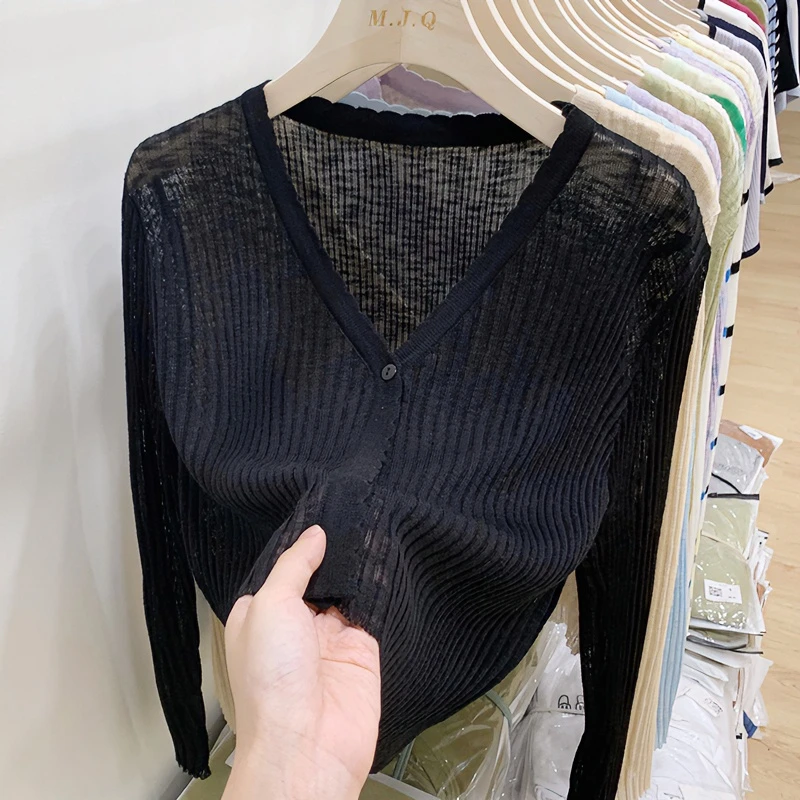 夏季设计感大码长袖V领针织开衫胖MM宽松高级感慵懒风防晒衫上衣