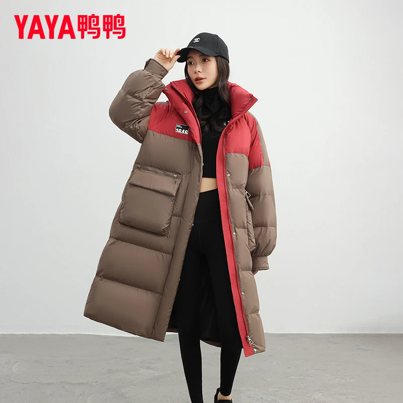 YAYA/鸭鸭气质撞色中长款羽绒服女士冬季新款时尚百搭显瘦厚款
