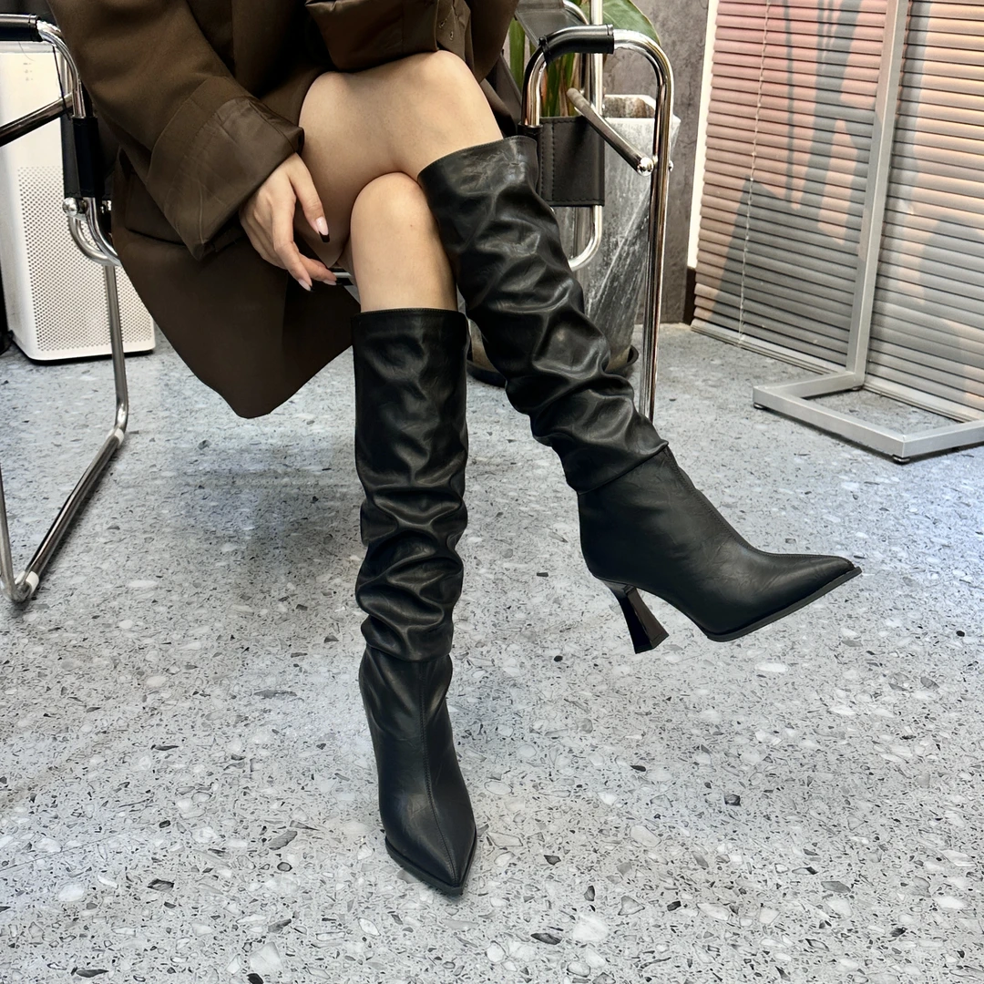 【素素家】2023秋冬时尚粗跟尖头皮面堆堆长靴网红尖头长靴百搭
