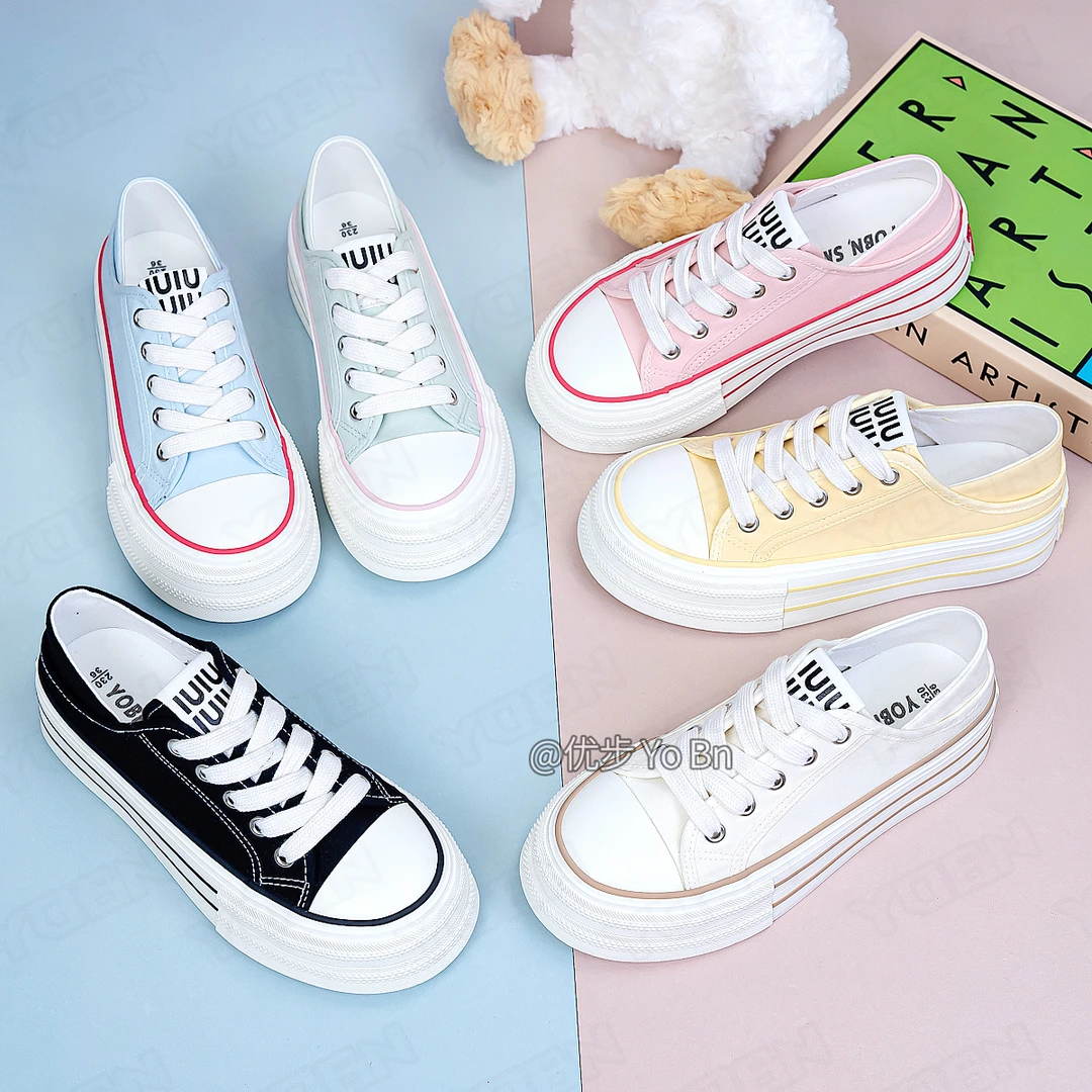 【半拖帆布】大头2024新款厚底YOBN小白鞋韩版女夏季休闲板鞋H1336