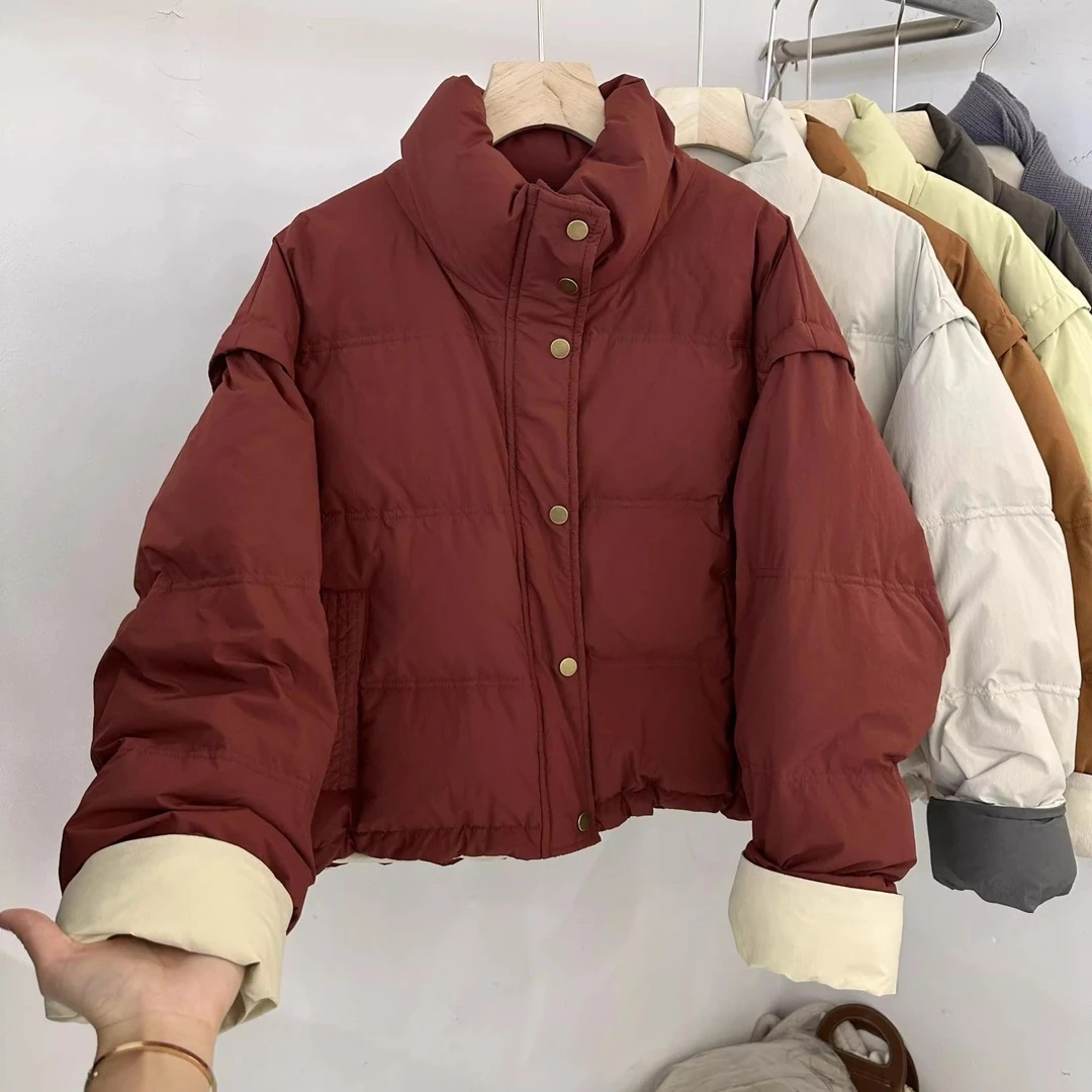 2023年冬季新款撞色卷边袖口韩版立领宽松短款白鸭绒羽绒服面包服