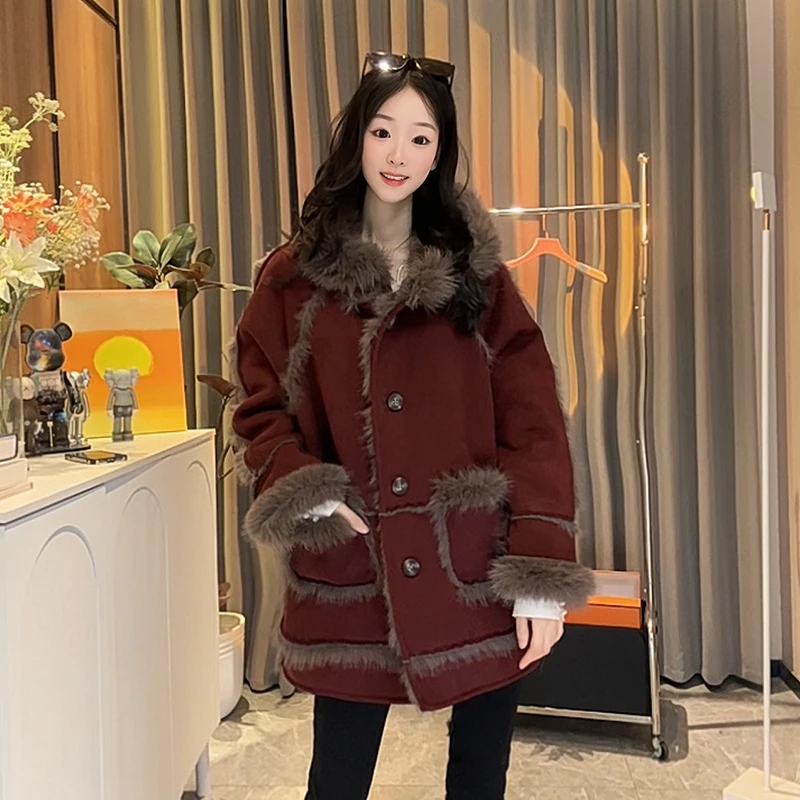 网红冬季防寒连帽毛毛一体外套女气质轻奢时尚百搭女款大衣