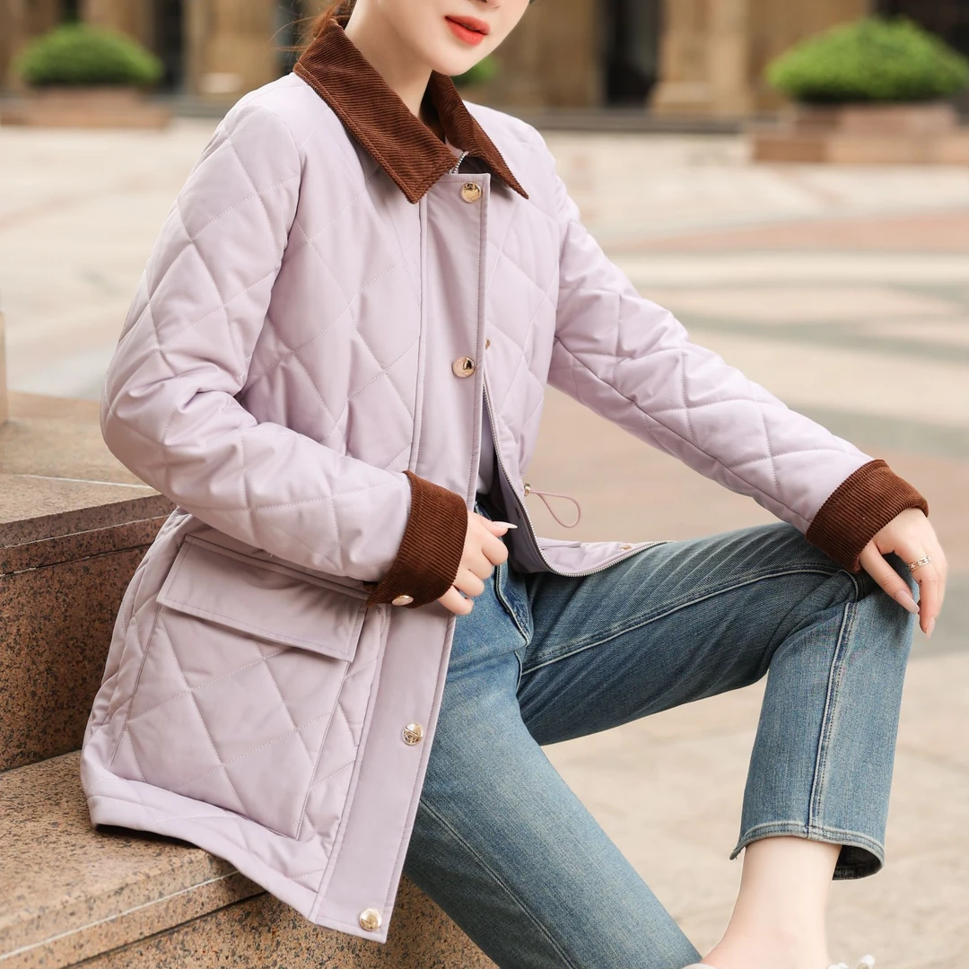 【胜华严选】宝丽经典菱形格灯芯绒翻领收腰棉服82488