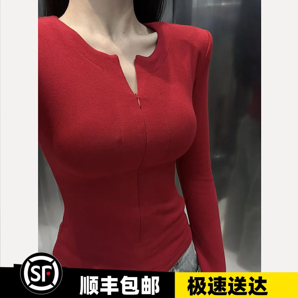 韩版2024冬季新款辣妹V领磨毛加厚修身显瘦垫肩长袖拉链打底衫T恤