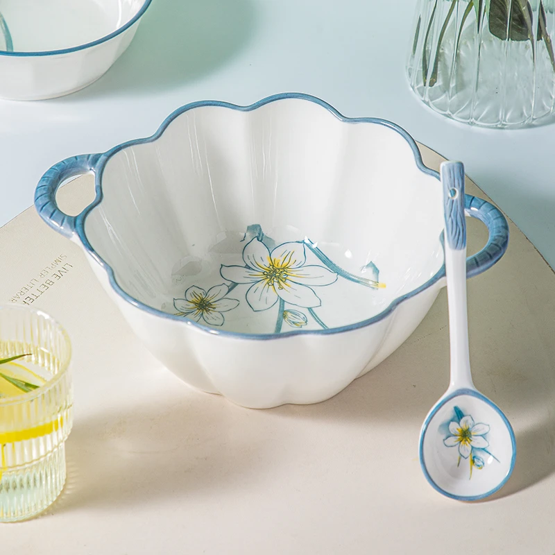 水仙花网红双耳汤碗带勺家用大号双耳碗泡面碗陶瓷碗汤碗餐具