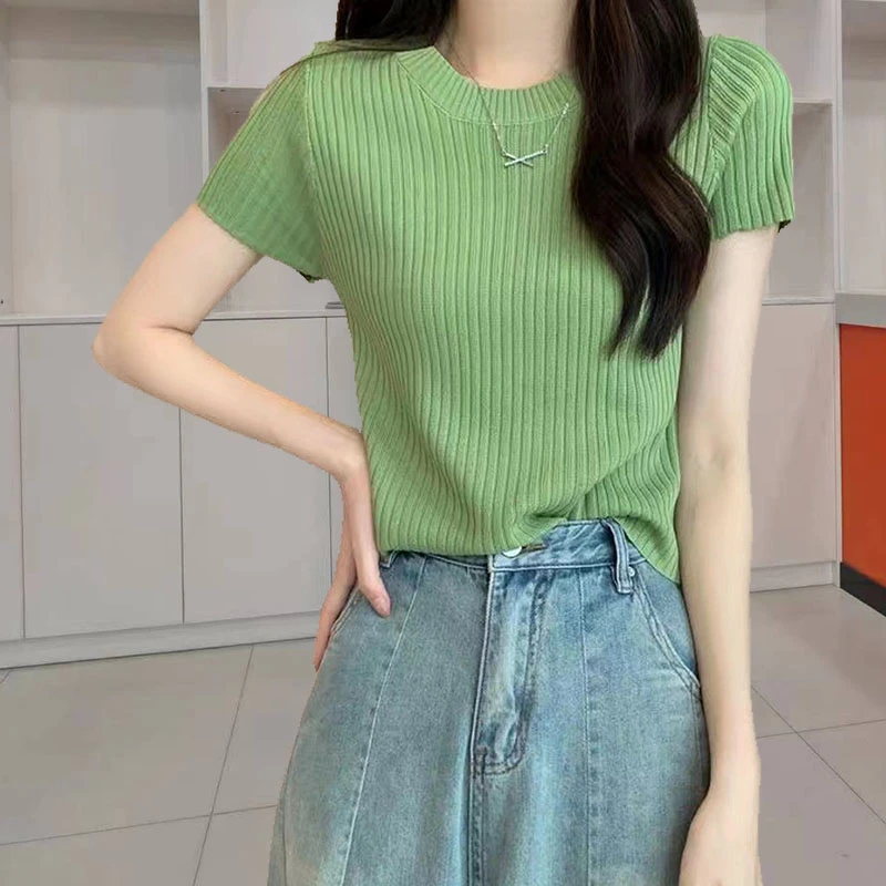 坑条圆领针织衫女短袖2024夏季新款百搭修身显瘦小个子短款上衣潮