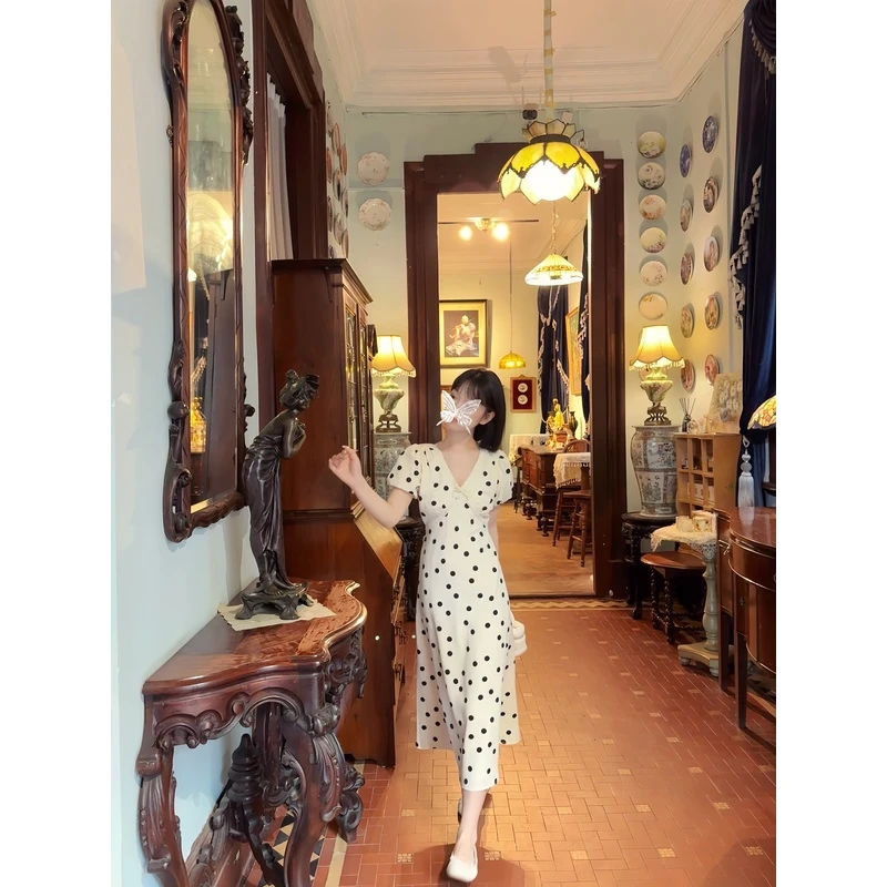 瞌睡兔定制【清苍-风吹盛夏】法式复古波点V领女连衣裙KSZZMA244229