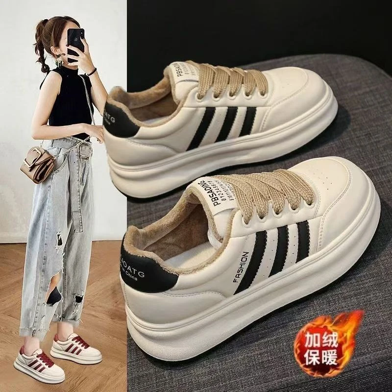 加绒女鞋新款冬季薄绒保暖二棉鞋时尚百搭小白鞋厚底休闲运动板鞋
