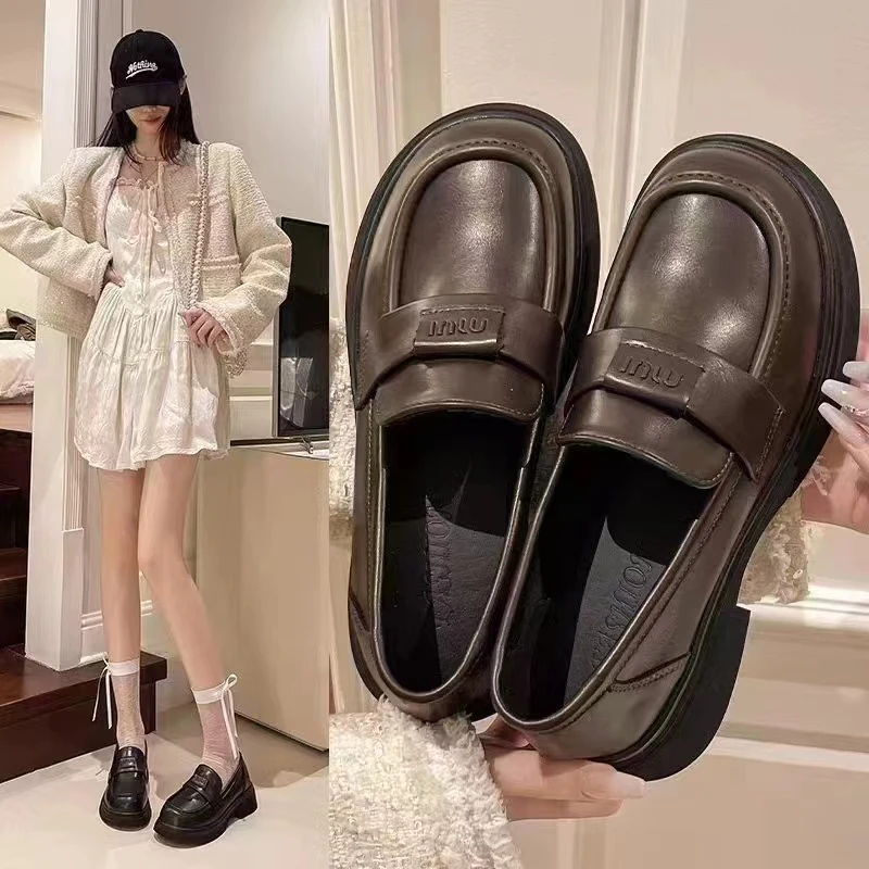 小皮鞋女2024年春季新款时尚百搭一脚蹬单鞋英伦风增高乐福鞋女