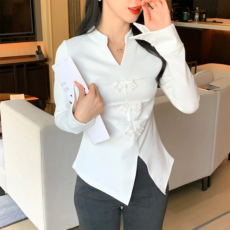 民族风盘扣衬衫女春秋装修身新款时尚上衣气质显瘦中国风小衫女