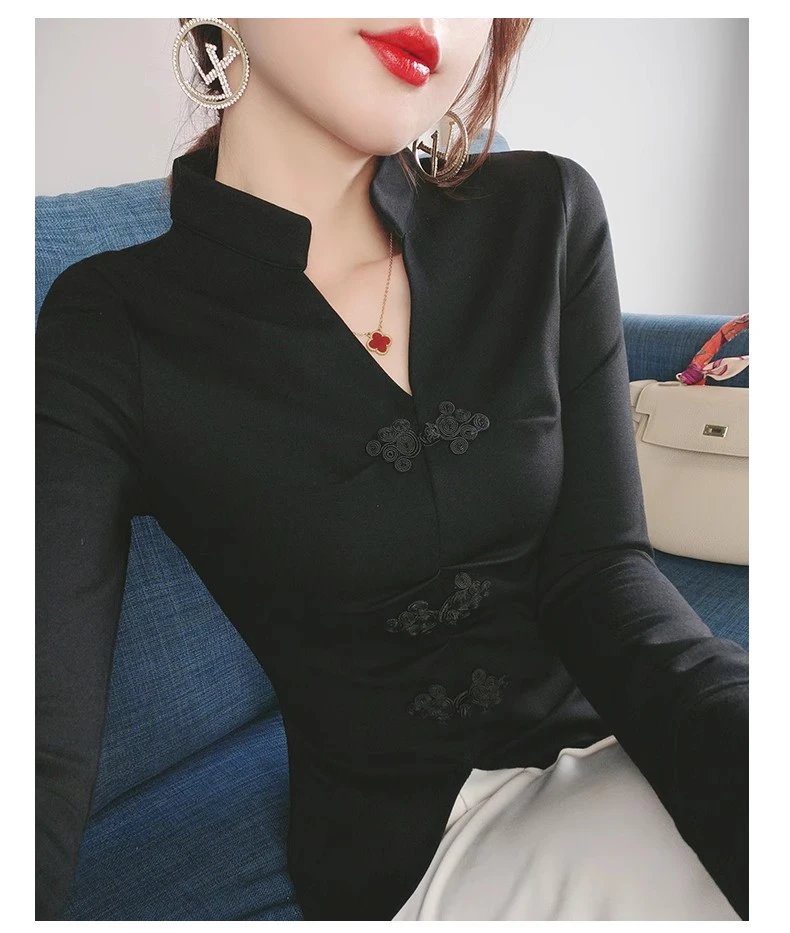 民族风盘扣衬衫女春秋装新款时尚内搭气质中国风别致长袖上衣女装