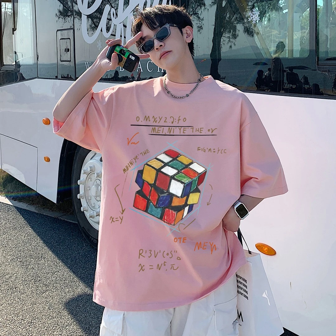 纯棉短袖T恤夏季学生印花男装青春白色ins百搭落肩袖创意潮