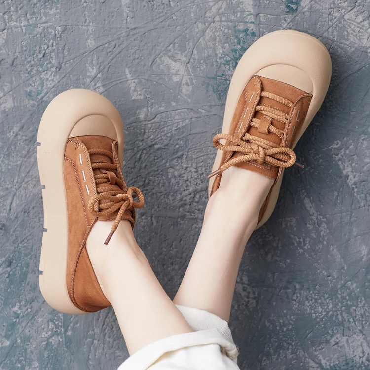 2024春季新款帅气英伦风牛皮手工圆头软皮拼色系带平跟鞋女鞋单鞋