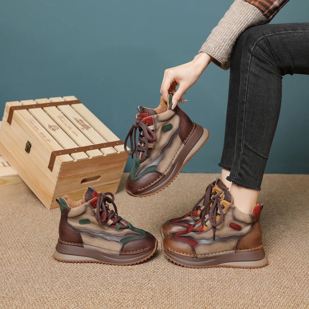 2025秋冬新款厚底坡跟高帮加绒手工短靴软底德训鞋阿甘鞋老爹鞋