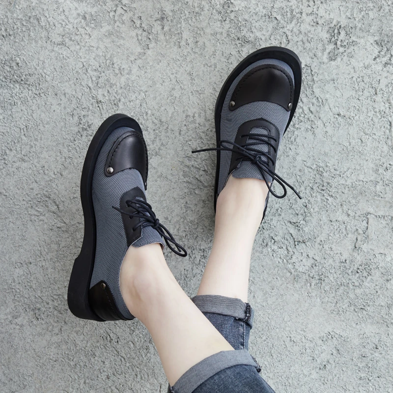 171323-1春季新款森女帅气真皮网面系带平底低跟英伦风单鞋小皮鞋