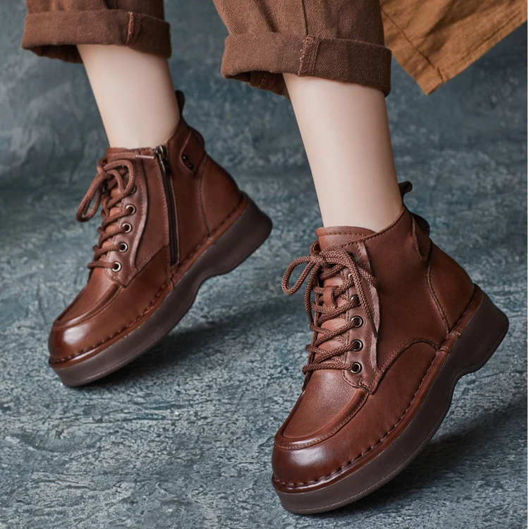 2024（E2）秋冬新款牛皮圆头软底马丁靴女侧拉链短靴高帮单靴7078