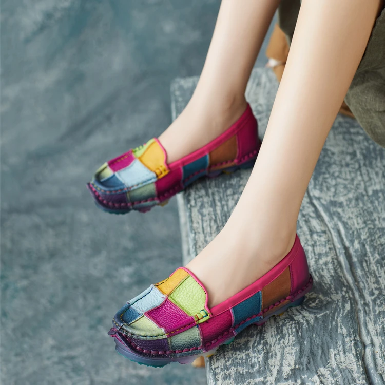 2025春季新款民族风复古手工牛皮豆豆鞋平底拼色软底懒人鞋单鞋