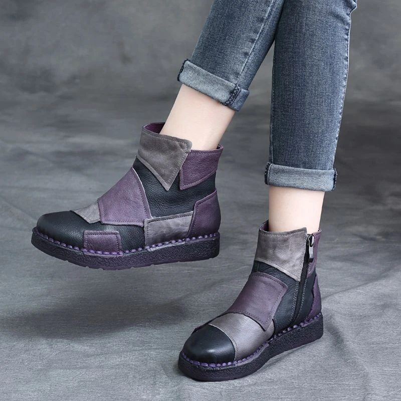 2025秋冬新款牛皮民族风个性手工复古拼接牛皮短靴防滑软底马丁靴