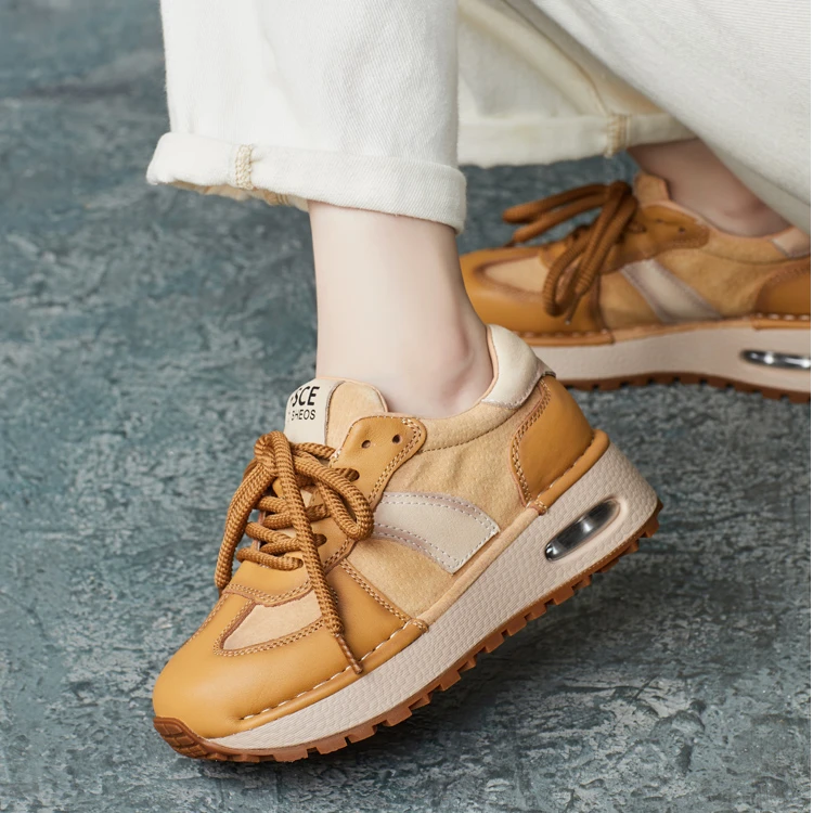 2024秋季新款真皮软底德训鞋休闲拼色单鞋交叉绑带厚底阿甘鞋