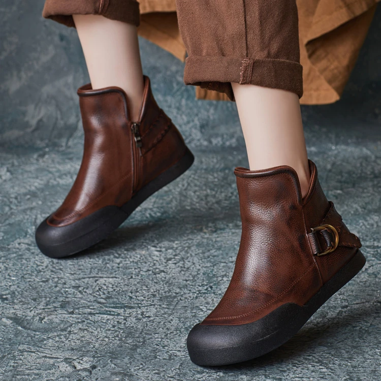 2024（C3）秋冬新款真皮圆头高帮鞋软底短靴侧拉链女靴606-2